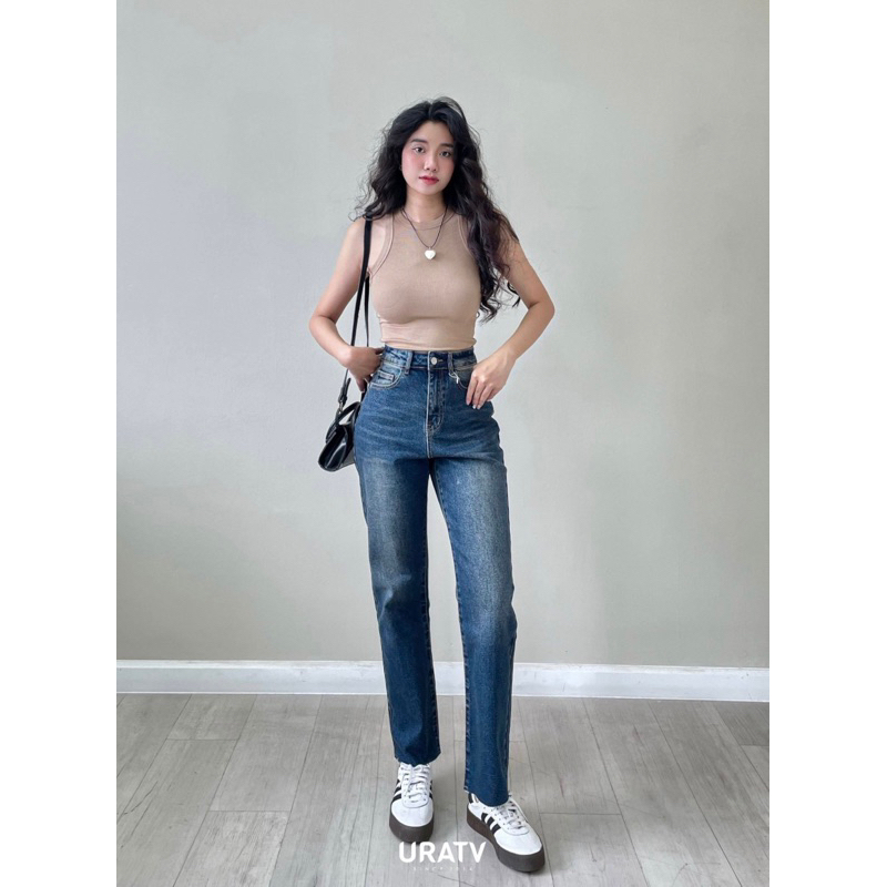 Quần jeans ống đứng lưng cao cắt line co giãn URATV