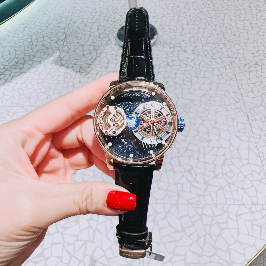 Đồng Hồ Hanboro 1008 Nam Auomatic Lộ Máy Dây Da Đen Mặt Địa Cầu