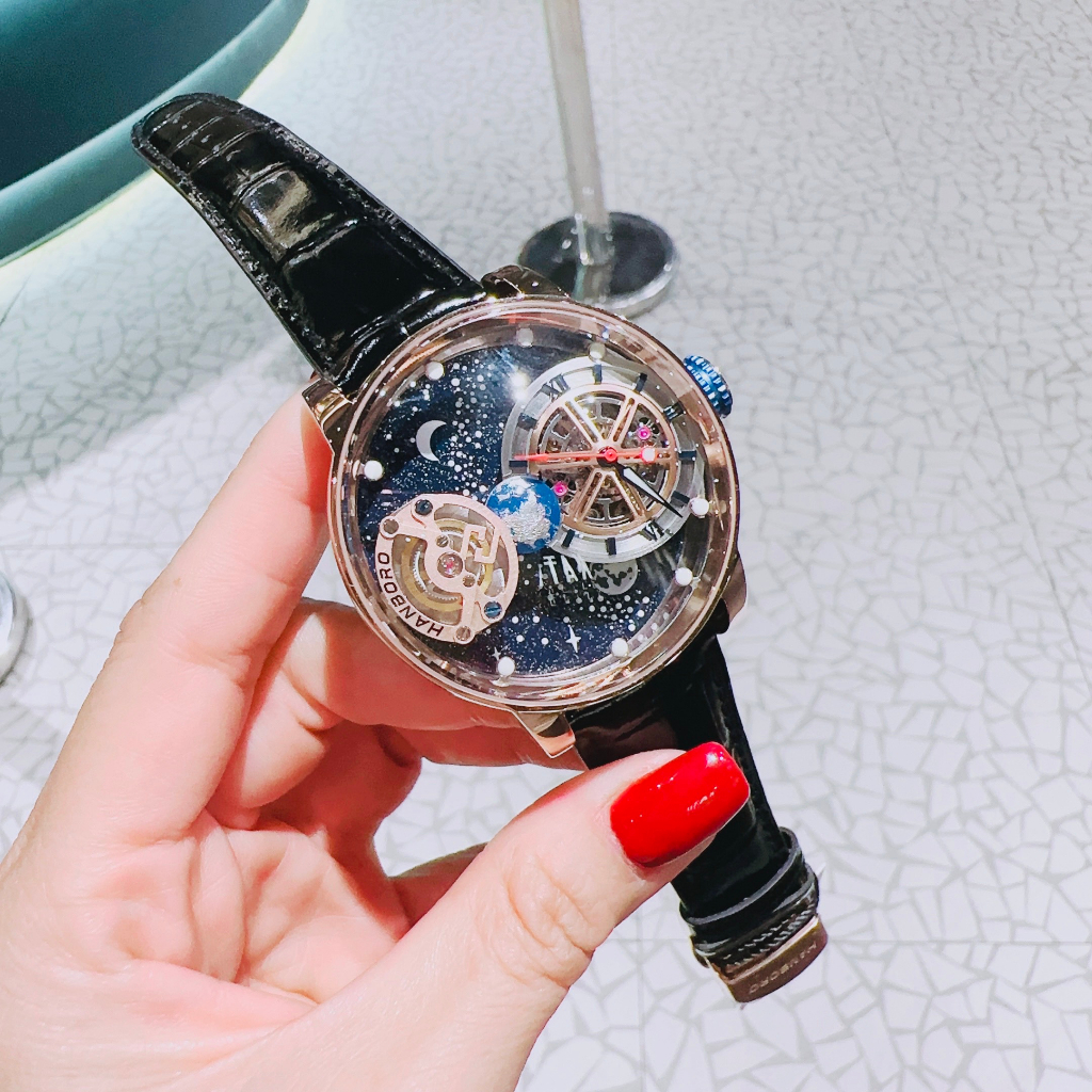 Đồng Hồ Hanboro 1008 Nam Auomatic Lộ Máy Dây Da Đen Mặt Địa Cầu