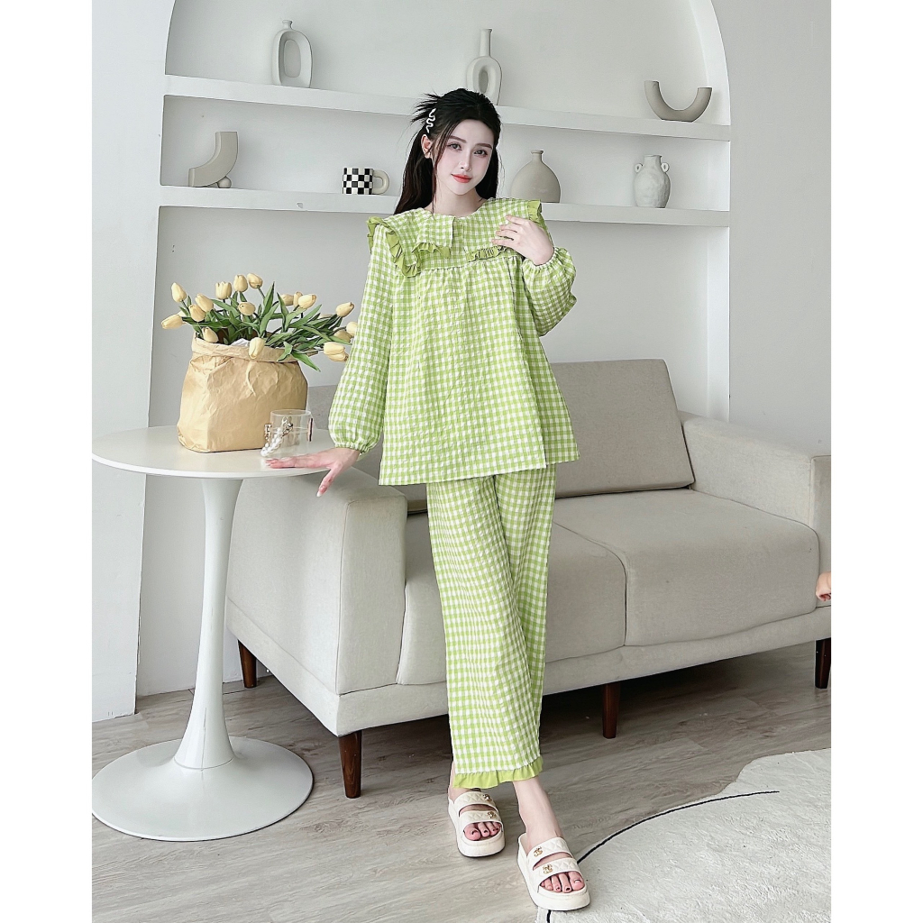 Bộ đồ bầu dài tay chất đũi mềm ngực phối bèo cực xinh thiết kế khóa ngực cho mẹ sau sinh cho con bú tiện lợi BD963