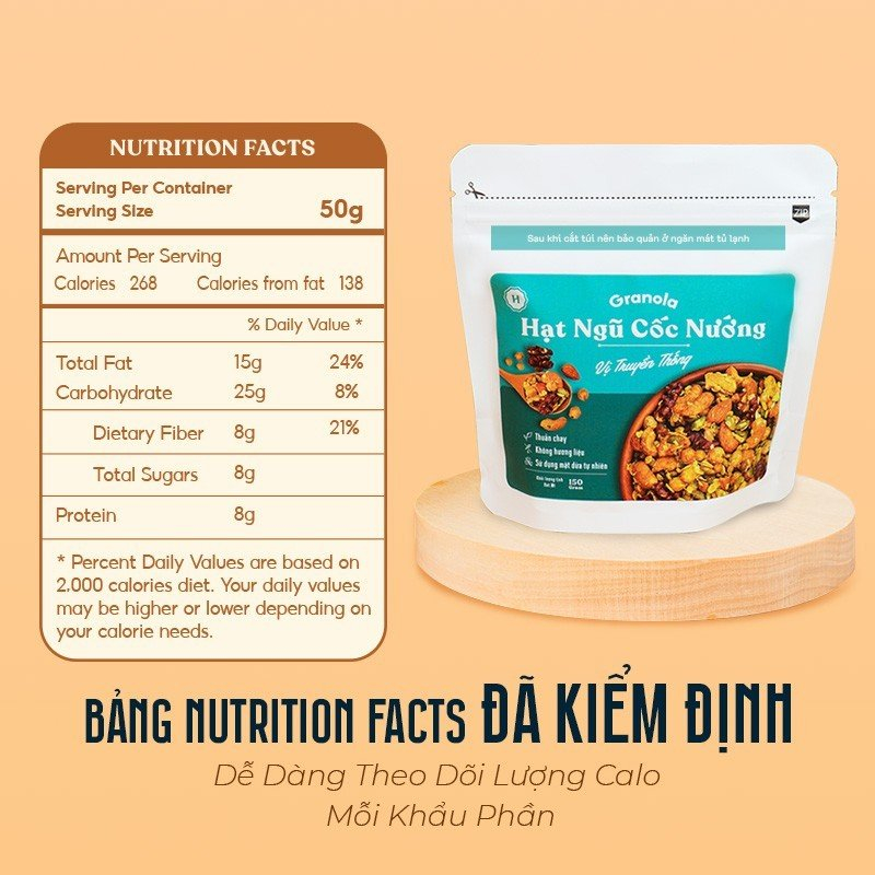 Túi 400g, Granola nướng mật dừa giòn tan, Vị Truyền Thống, 8 loại hạt ngũ cốc giảm cân, 0 trái cây sấy- Heyday