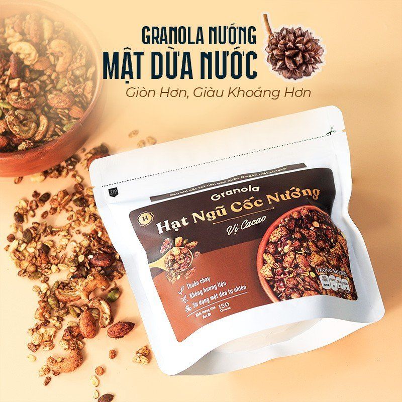 Túi 150g, Granola nướng giòn tan, Vị Cacao, Dùng mật dừa nước, 0 trái cây sấy, GI Thấp - Hạt ngũ cốc giảm cân- Heyday