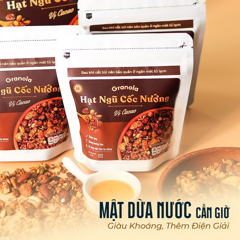 Túi 400g, Granola nướng giòn tan, Vị Cacao, Dùng mật dừa nước, 0 trái cây sấy, GI Thấp - Hạt ngũ cốc giảm cân- Heyday