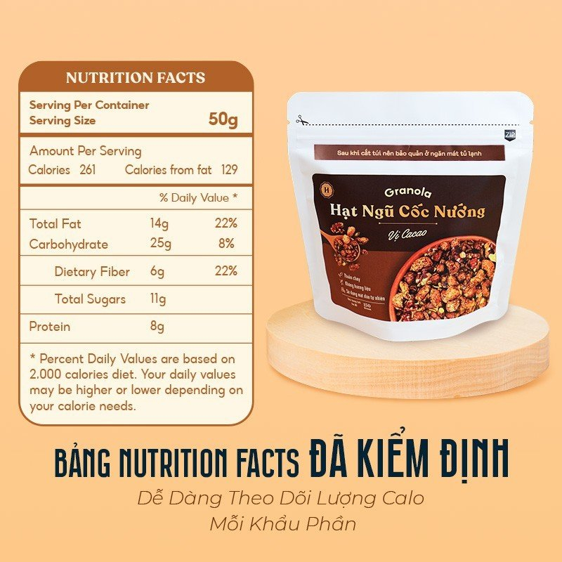 Túi 400g, Granola nướng giòn tan, Vị Cacao, Dùng mật dừa nước, 0 trái cây sấy, GI Thấp - Hạt ngũ cốc giảm cân- Heyday