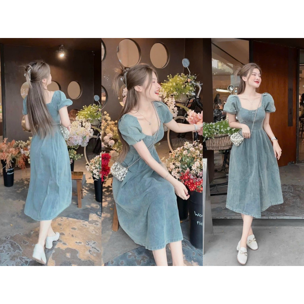 Đầm váy denim tay phồng dáng dài bầu ngực thanh lịch chất jean cứng chuẩn hàng shop loại1