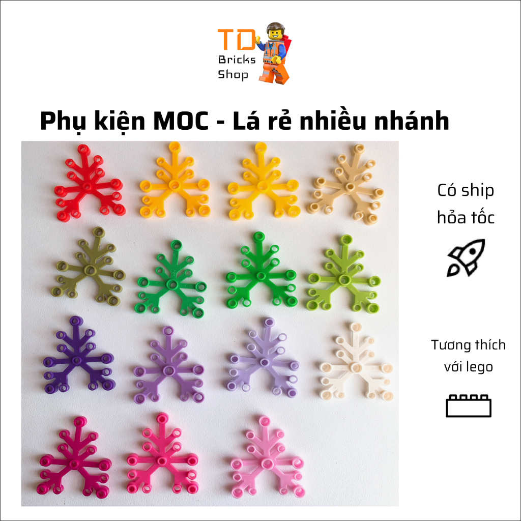 Phụ kiện MOC, combo 10 lá cây, lá rẻ nhiều nhánh nhiều màu sắc