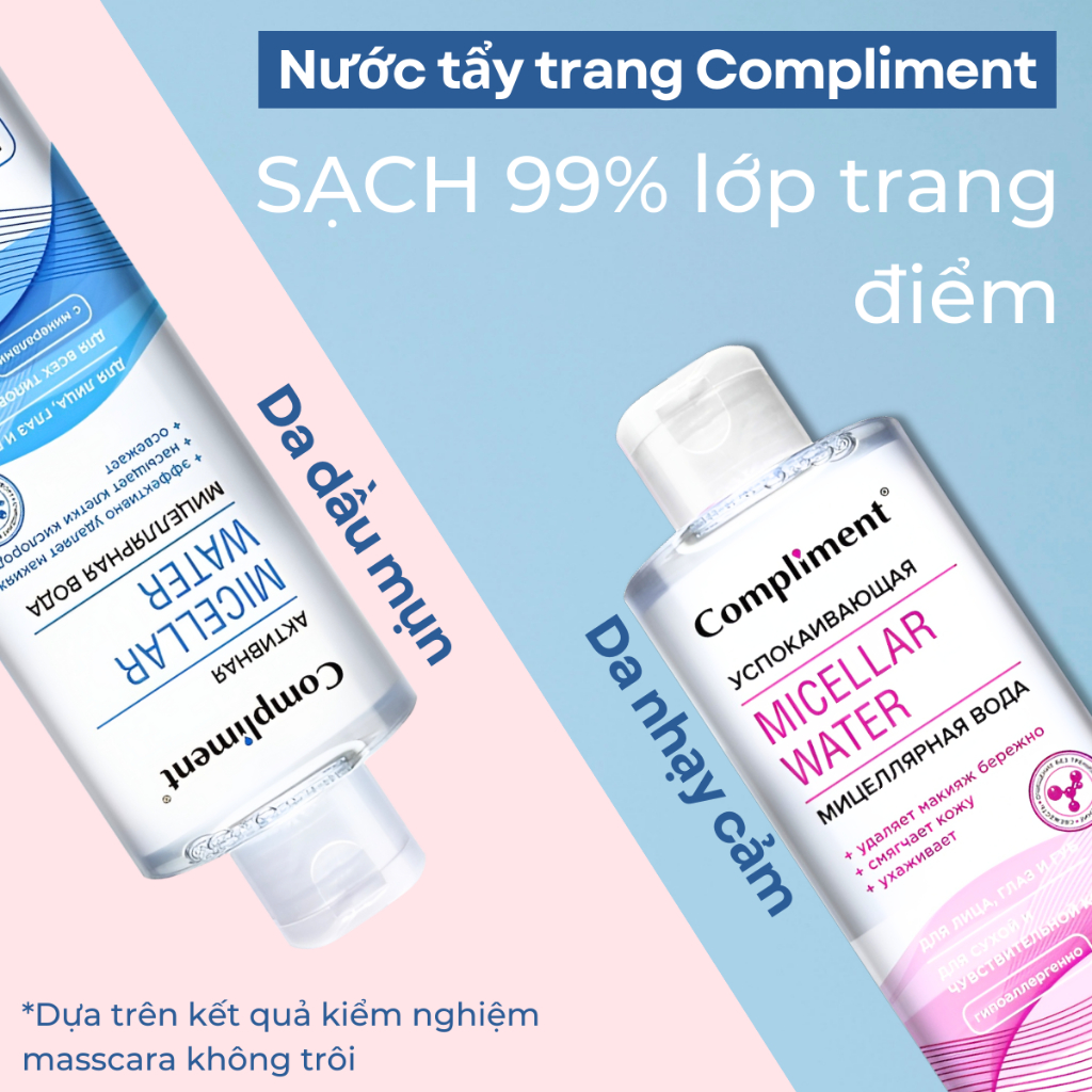 Nước Tẩy Trang Compliment Micellar Water Làm Sạch Lớp Trang Điểm MakeUp Mặt Mắt Môi Mọi Loại Da Cả Dầu Nhạy Cảm 400ml