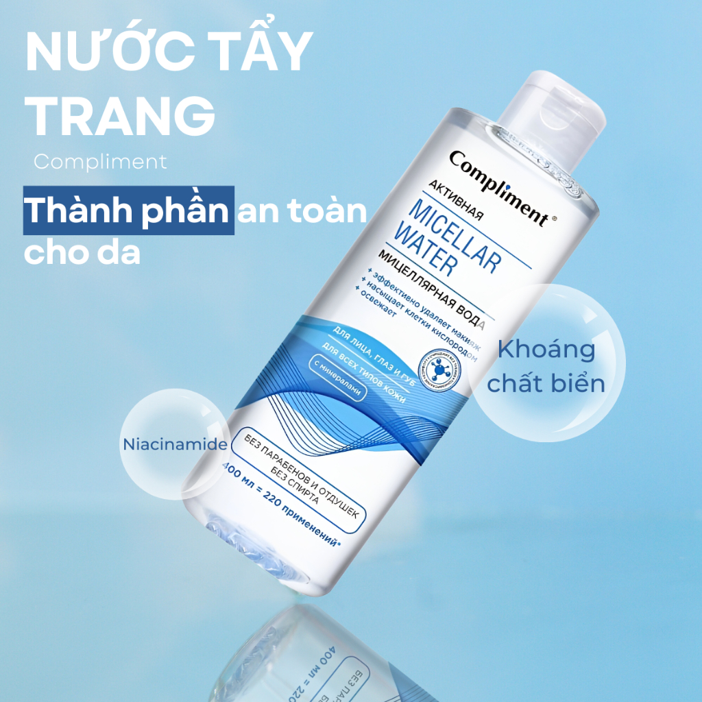 Nước Tẩy Trang Compliment Micellar Water Làm Sạch Lớp Trang Điểm MakeUp Mặt Mắt Môi Mọi Loại Da Cả Dầu Nhạy Cảm 400ml