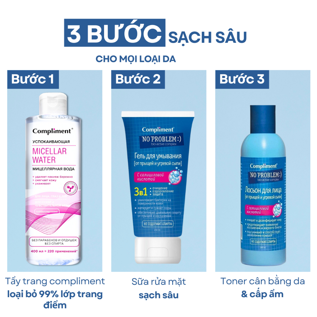 Nước Tẩy Trang Compliment Micellar Water Làm Sạch Lớp Trang Điểm MakeUp Mặt Mắt Môi Mọi Loại Da Cả Dầu Nhạy Cảm 400ml