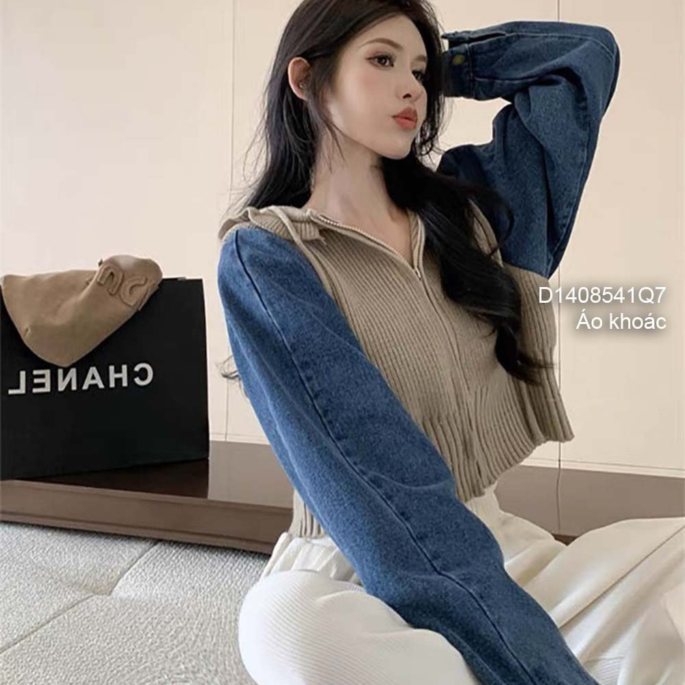 Áo khoác len croptop có nón kéo khóa tay dài phối jean