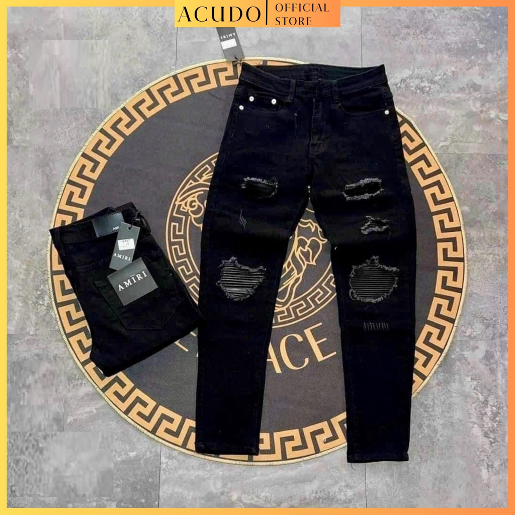 Quần jean nam rách vá da màu đen trơn chất liệu jean cao cấp, Quần bò nam co dãn 4 chiều form dáng skinny mẫu mới_ACUDO