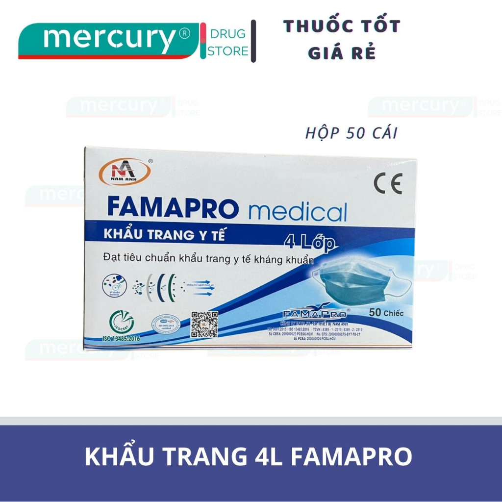 Hộp 50 cái khẩu trang y tế FAMAPRO  4 lớp màu trắng