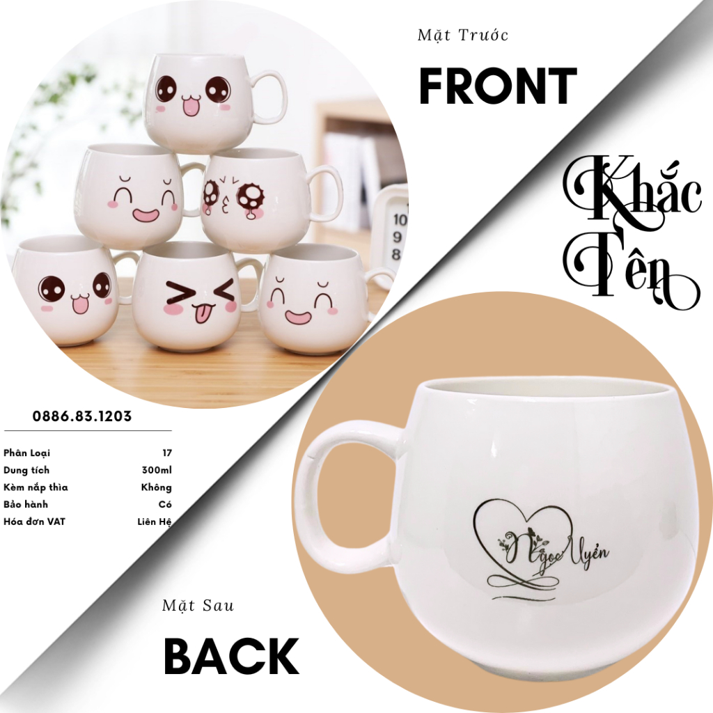 Cốc sứ mặt cười biểu cảm KᕼẮᑕ TÊᑎ 𝘁𝗵𝗲𝗼 𝘆𝗲̂𝘂 𝗰𝗮̂̀𝘂 in hình 𝗘𝗠𝗢𝗝𝗜 KO NẮP THÌA 300ml, ly sứ uống nước 𝗟Y̲ᑕ𝗨P quà tặng decor