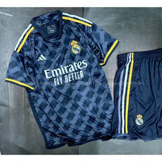 Set bộ thể thao bóng đá nam nữ vải thái clb Realmadrid sân khách màu xanh than họa tiết 3d 2023
