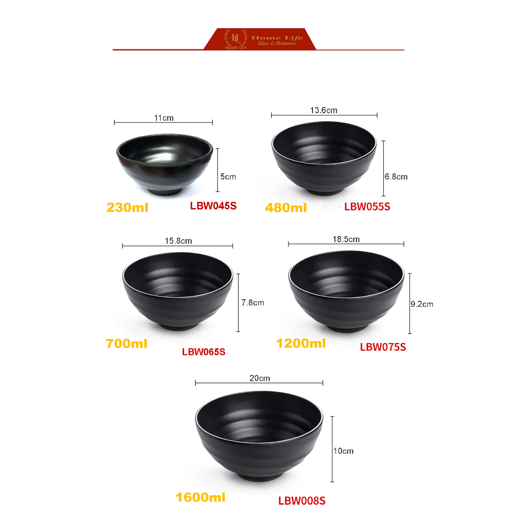 Bát cơm 045S 055S 065S 075 | Tô Khum Đen | Bát đen nhám Melamine A5 Cao Cấp Đài Loan cho nhà hàng Lẩu Nướng