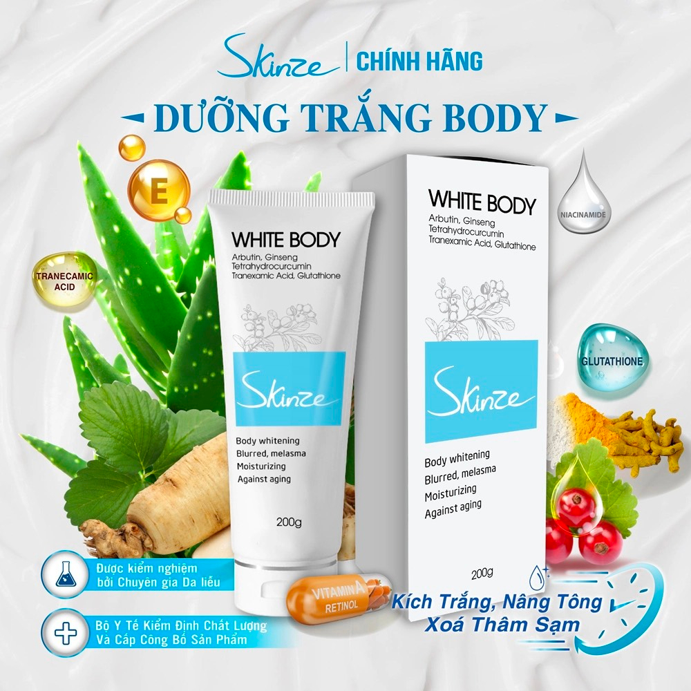 Kem Body Trắng Da Skinze Kích Trắng Da Mờ Thâm Sạm Dưỡng Ẩm Arbutin Nhân Sâm BHA Retinol B5 Niacinamide B3 Collagen
