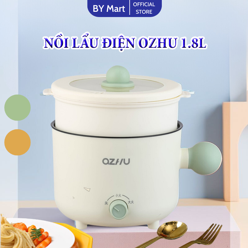 Nồi Lẩu Điện Mini Đa Năng OZHU 2 Tầng Kèm Giá Hấp Đa Năng Nấu Mì, Nướng, Luộc, Chiên Chống Dính, Nồi Lẩu Hấp Mini 1.8L