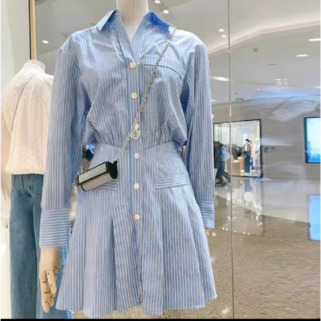 Váy sơ mi kẻ sọc dài tay xếp ly 29feb.closet lưng chun co giãn dáng ngắn xinh nhẹ nhàng - V133