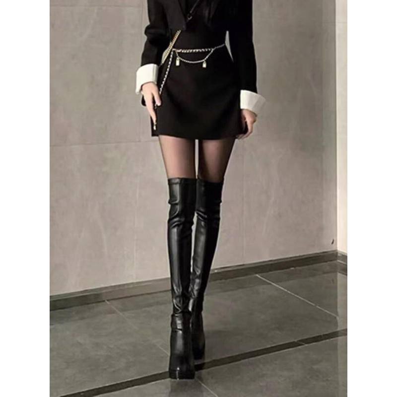 Bốt đùi nữ da mềm ôm chân gót vuông cao 9cm có khoá sườn