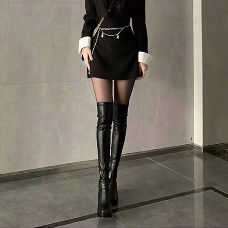 Bốt đùi nữ da mềm ôm chân gót vuông cao 9cm có khoá sườn