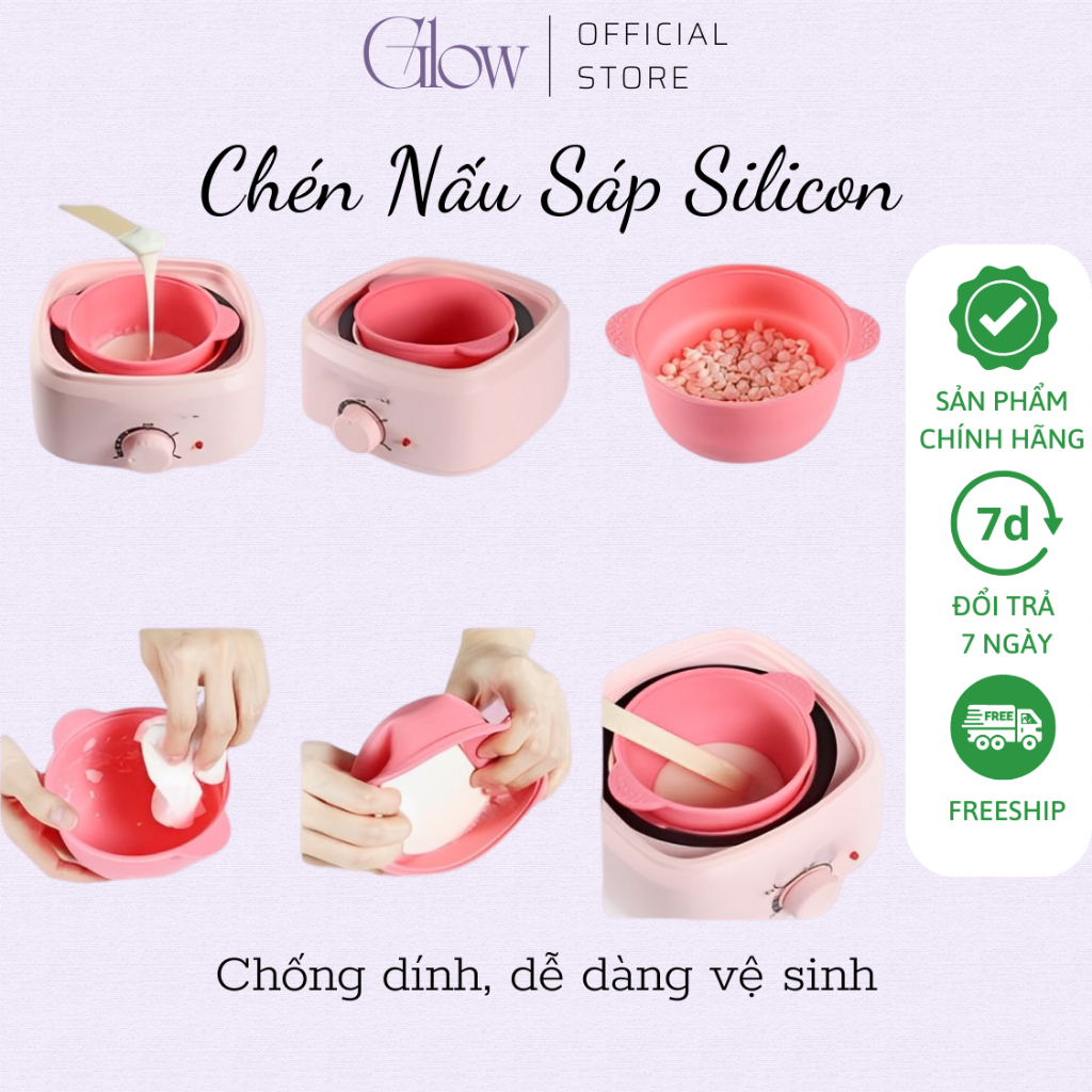 Combo Chén Silicone Nấu Sáp Wax Lông GLOW WAXING + 100gr Sáp Dừa Hồng Siêu Bám Lông Tặng Que CHE TÊN SẢN PHẨM