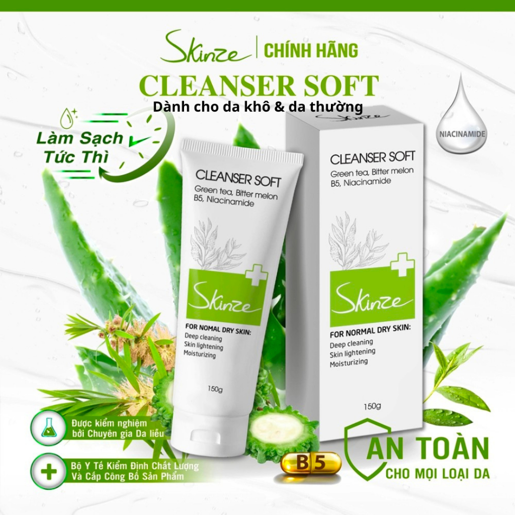 Sữa Rửa Mặt Skinze Cleanser Soft Cho Da Khô Da Thường Trà Xanh Tràm Trà Khổ Qua B5 Lô Hội