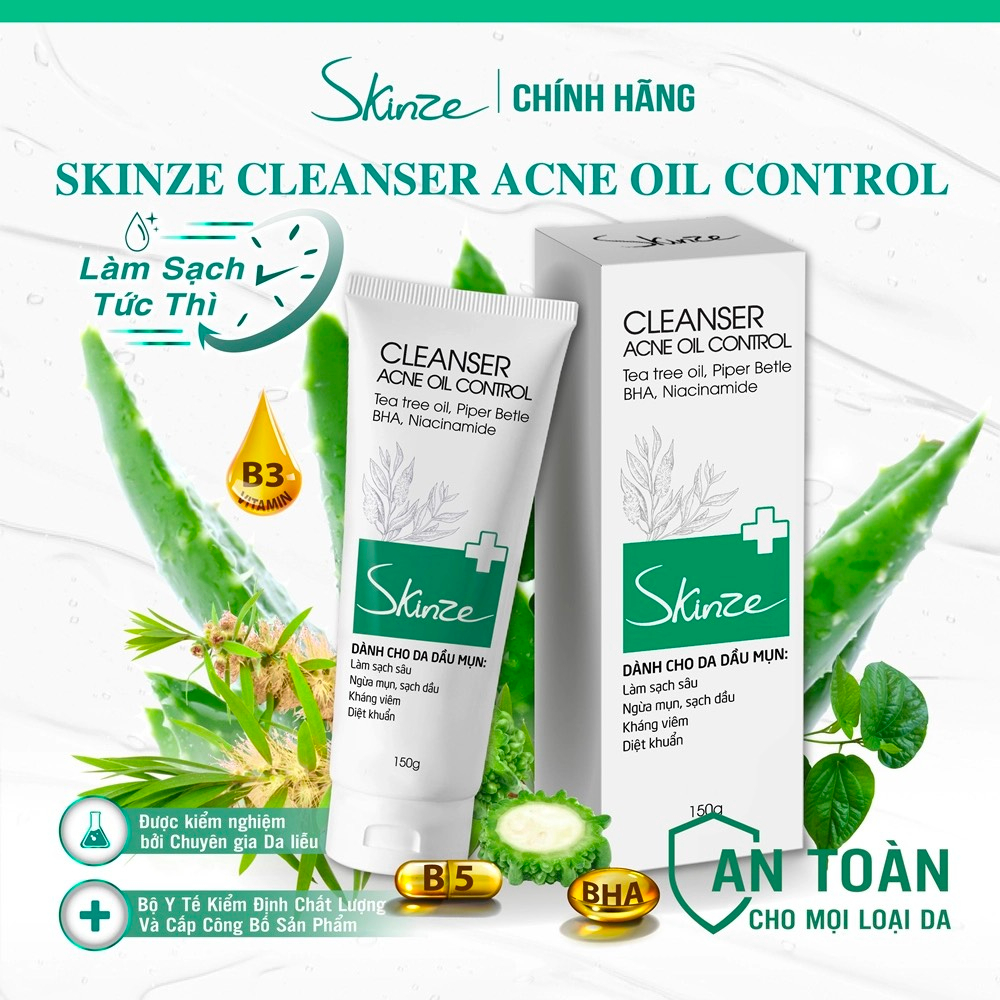 Sữa Rửa Mặt Skinze Acne Oil Control Cho Da Dầu Mụn Tràm trà Trầu Không Khổ Qua BHA AHA Vitamin B5