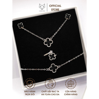 Bộ Trang Sức Bạc Ta Dây Chuyền Lắc Tay Nhẫn Caobac Silver Hoạ Tiết Cỏ Bốn Lá Đá Đen Độc Đáo Tinh Tế Cho Nữ