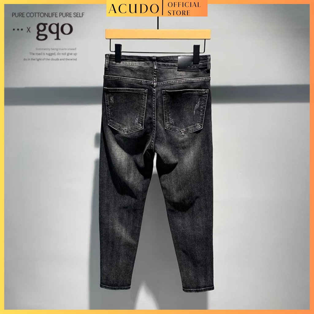 Quần jean nam rách màu xanh trơn chất liệu jean cao cấp, Quần bò nam co dãn 4 chiều form dáng skinny mẫu mới_ACUDO