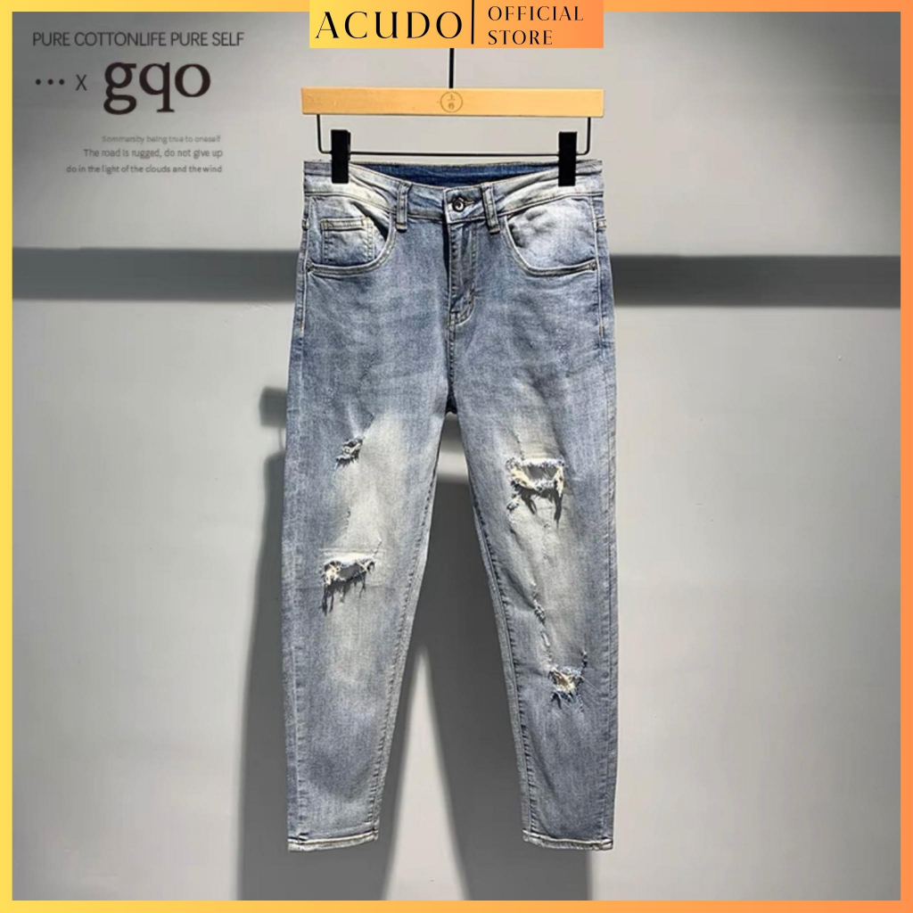 Quần jean nam rách màu xanh trơn chất liệu jean cao cấp, Quần bò nam co dãn 4 chiều form dáng skinny mẫu mới_ACUDO