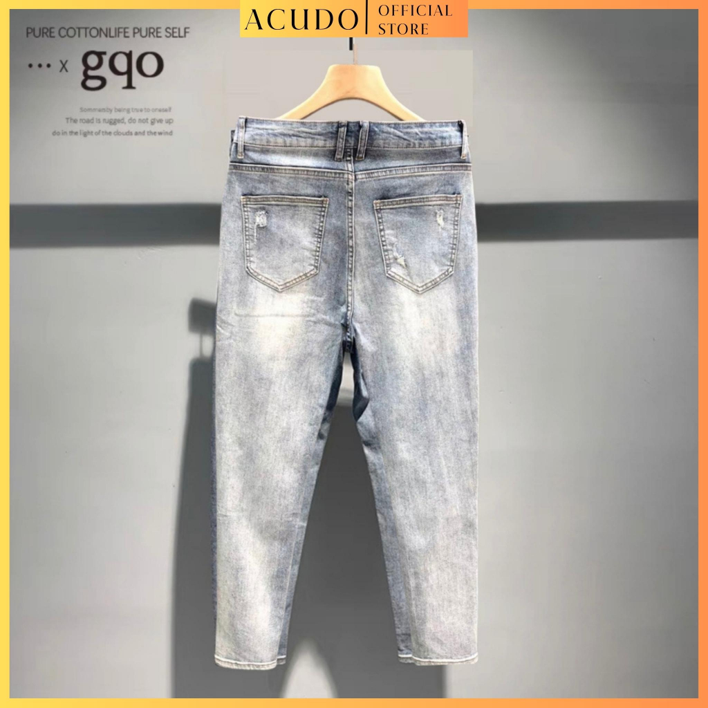 Quần jean nam rách màu xanh trơn chất liệu jean cao cấp, Quần bò nam co dãn 4 chiều form dáng skinny mẫu mới_ACUDO