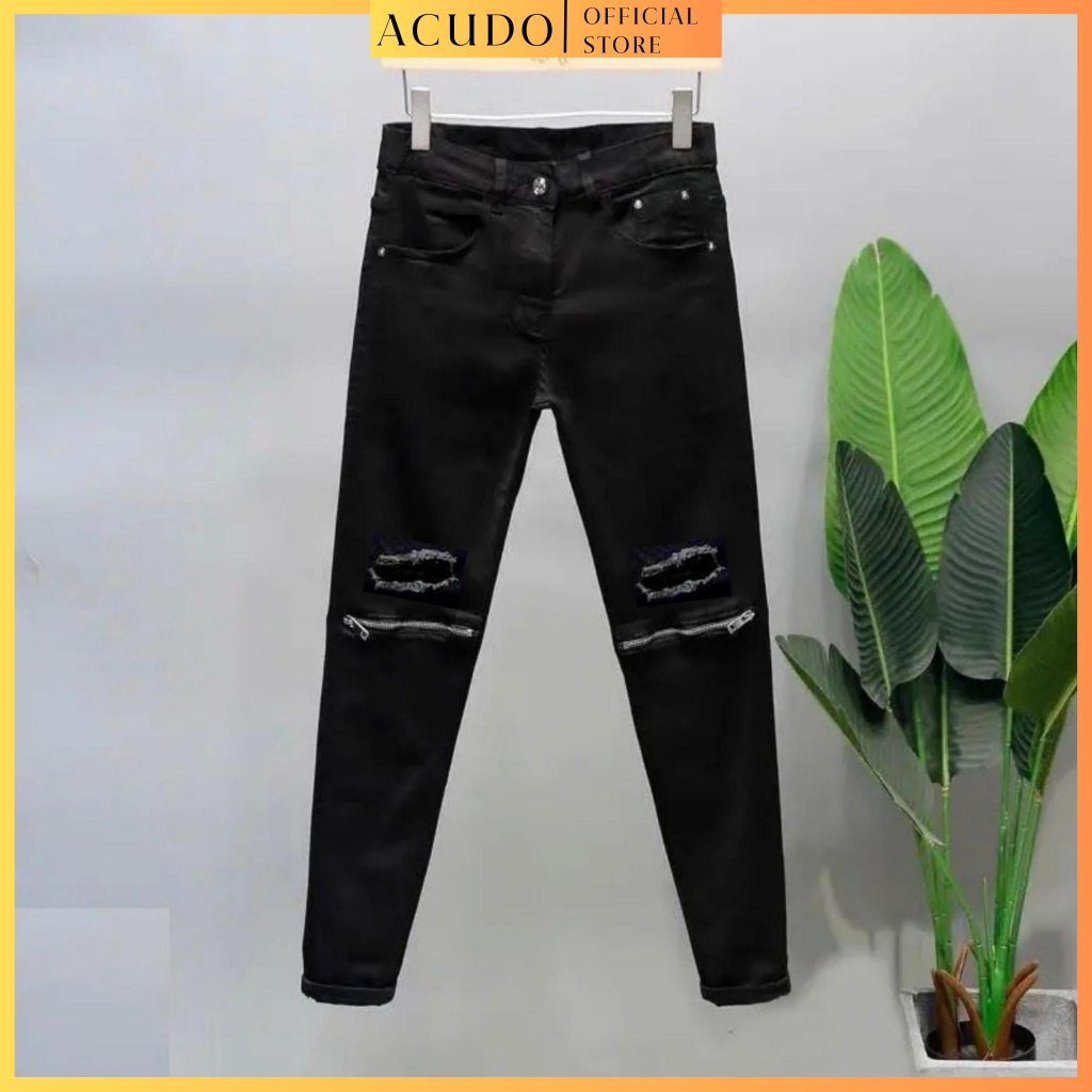 Quần jean nam rách màu xanh trơn chất liệu jean cao cấp, Quần bò nam co dãn 4 chiều form dáng skinny mẫu mới_ACUDO