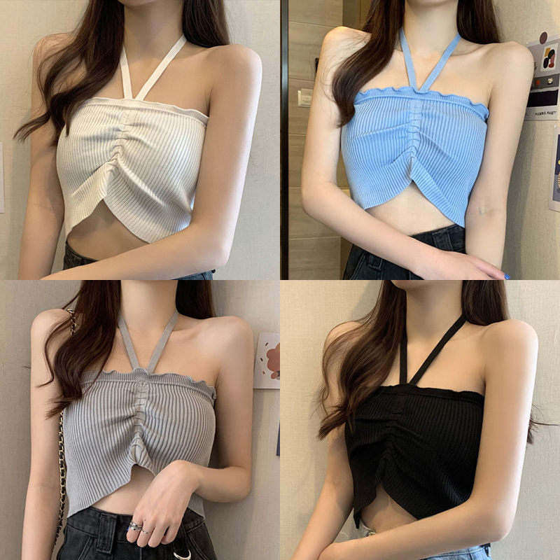 Áo thun croptop dệt kim không tay phối dây thời trang mùa hè cho nữ