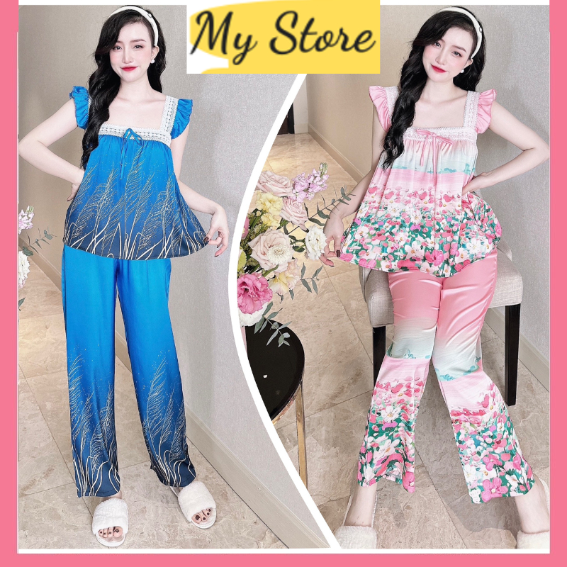 Đồ bộ pyjama nữ đẹp cao cấp tay ngắn quần dài dễ thương vải lụa latin freesize dưới 60kg MY STORE S28