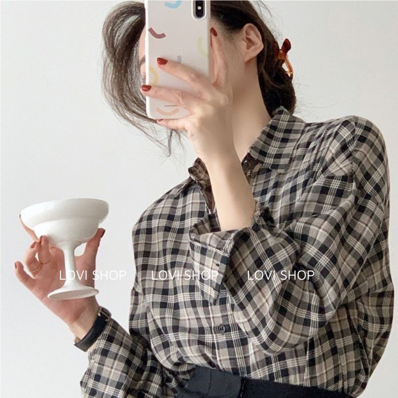 Áo Sơ Mi Nữ Kẻ Sọc Hot Dáng Rộng Bassi Xinh Xắn Phong Cách Hàn Quốc