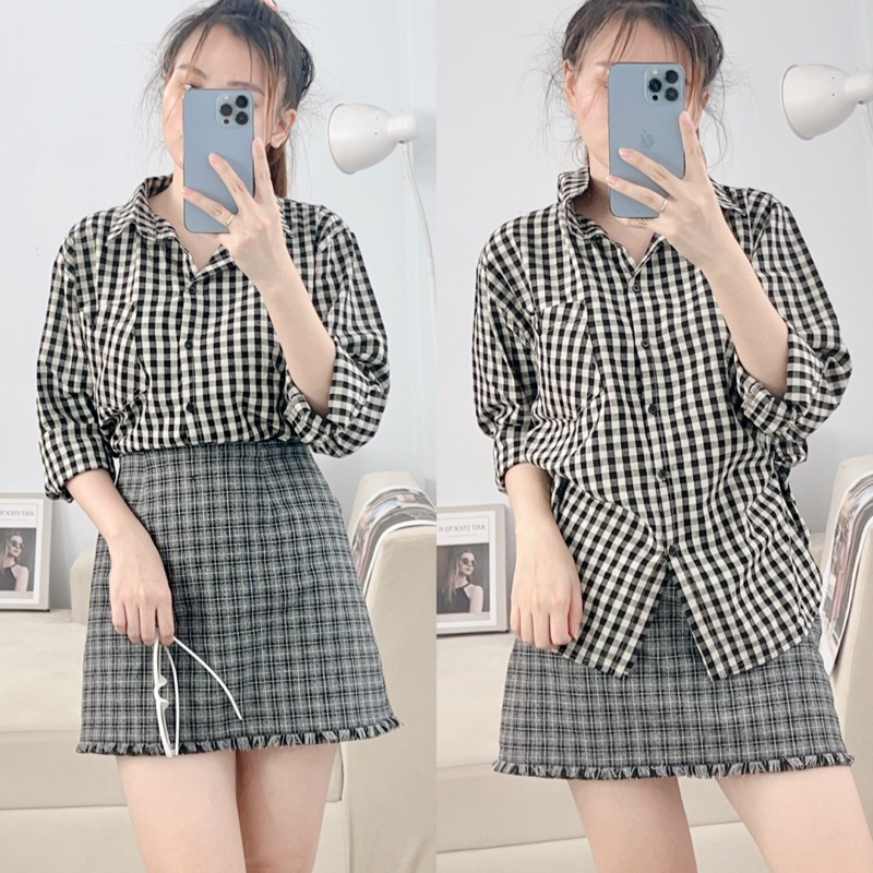 Áo Sơ Mi Nữ Ô Nhỏ Pastel Xinh Xắn Form Rộng Phong Cách Hàn Quốc