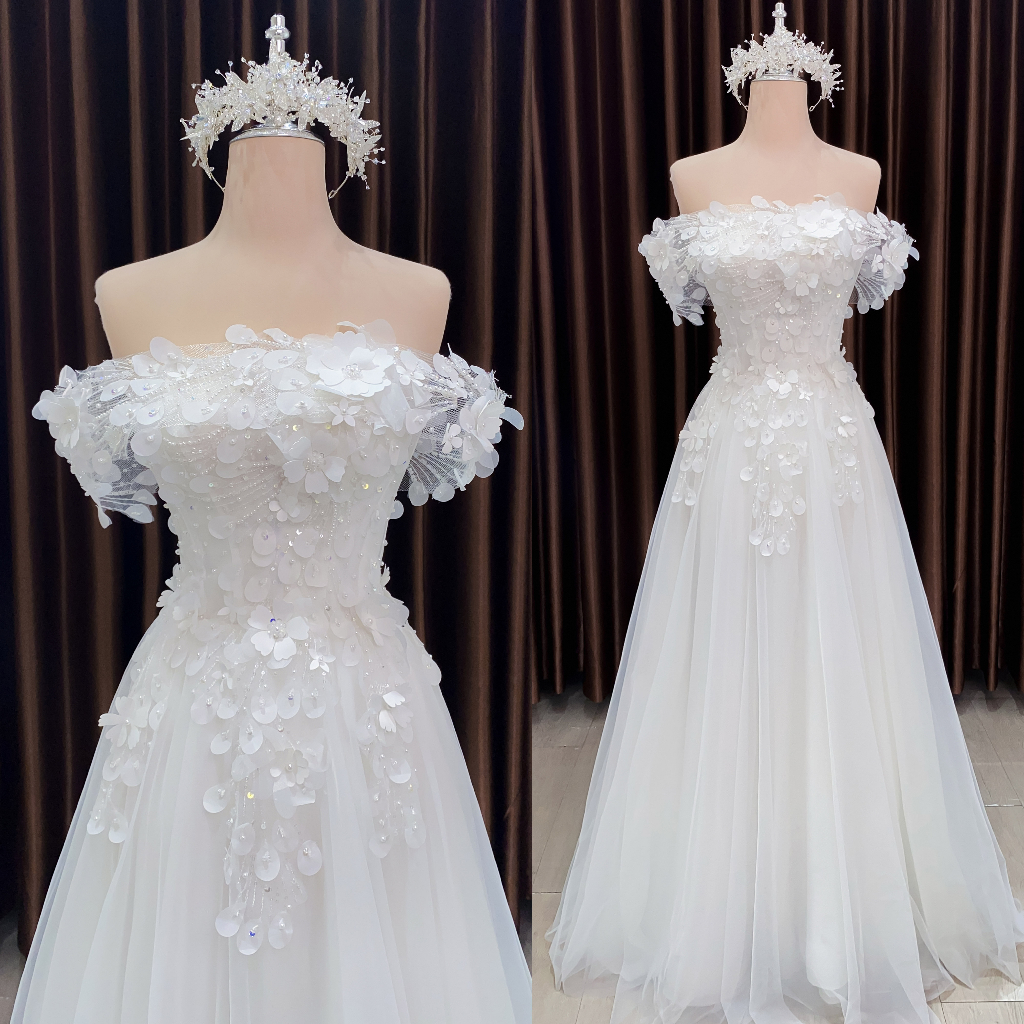 Váy cưới MAXI dạ hội trễ vai dáng chữ A màu trắng họa tiết ren hoa đuôi công 170