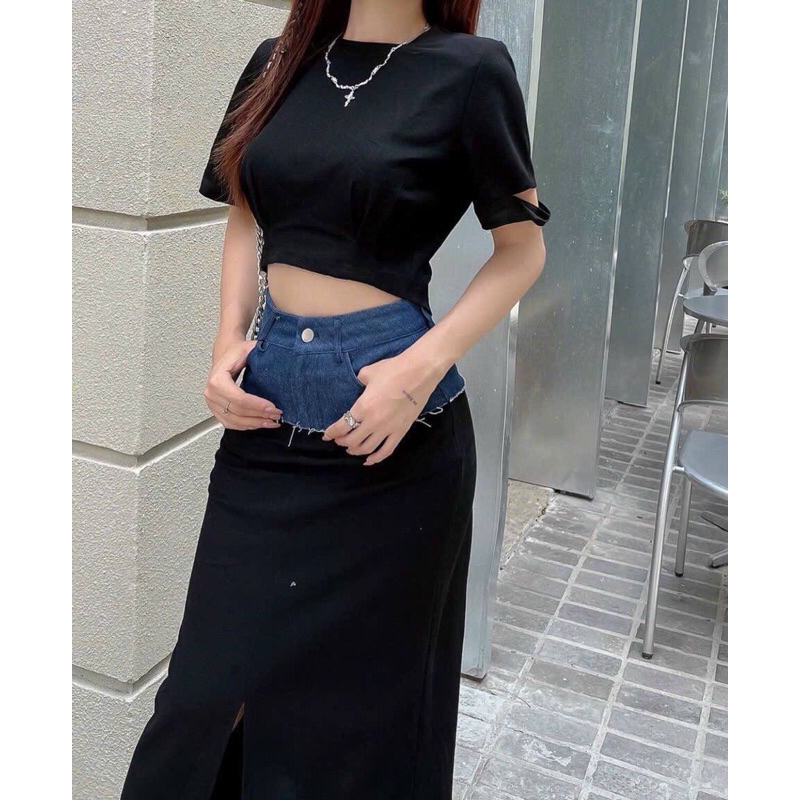 Set denim phối thun đen