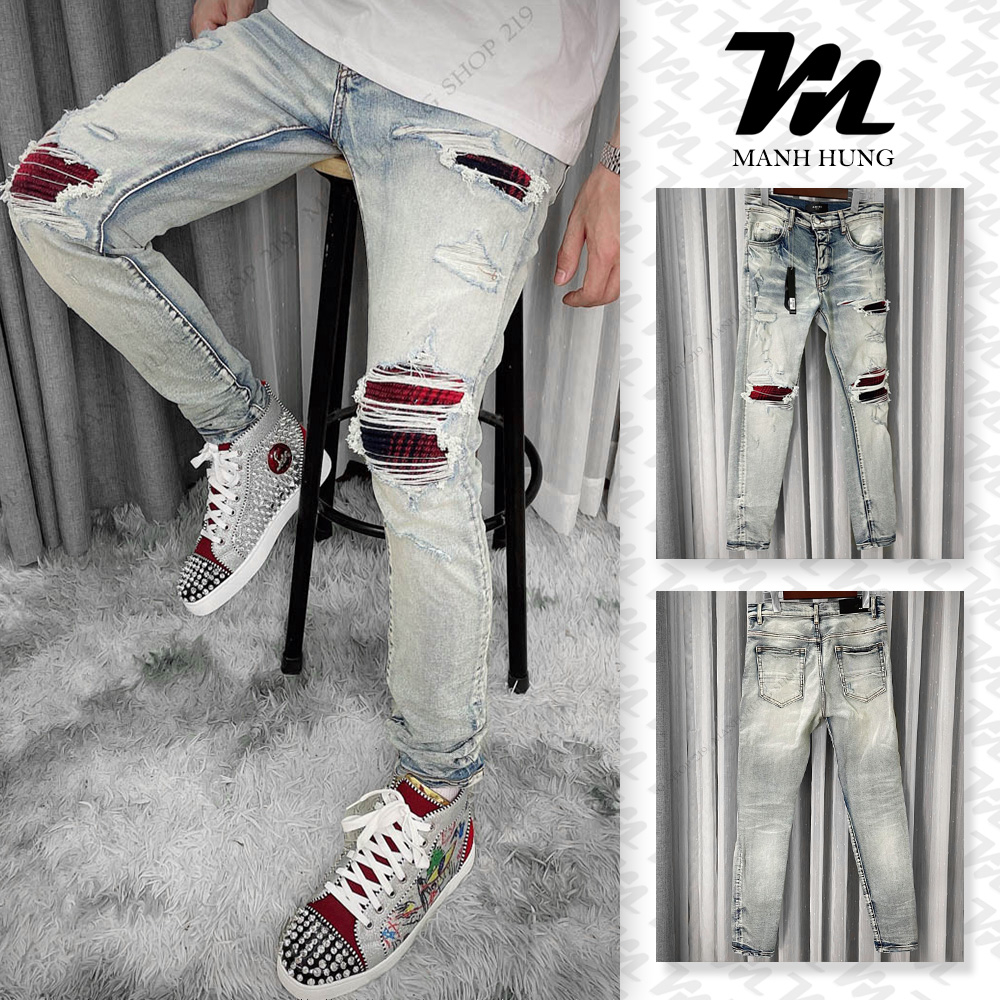 - Quần Bò Amiri - Jean Xanh Sáng Vá Da Đỏ Dáng Biker - Loại 1 Chất Liệu Jean Cao Cấp - Mạnh Hùng Shop 219