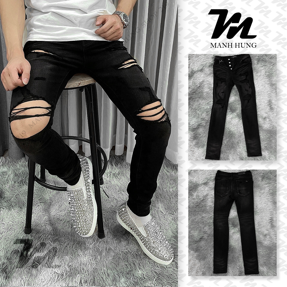 - Quần Bò Amiri - Jean Đen Rách Gối Dáng Biker - Loại 1 Chất Liệu Jean Cao Cấp - Mạnh Hùng Shop 219