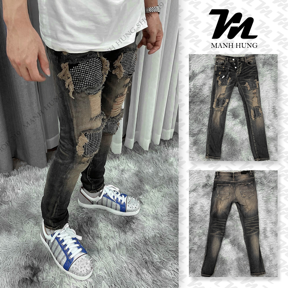 🏆 [Ảnh Thật]  Hàng Có Sẵn Quần Jeans Amiri Xanh Wash Rách Đính Đá - Form Slimfit - Hàng Loại 1 Mạnh Hùng Shop 219