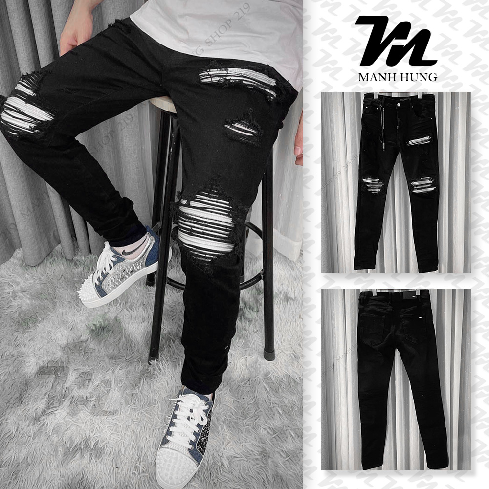 - Quần Bò Amiri - Jean Đen Vá Da Trắng Dáng Biker - Loại 1 Chất Liệu Jean Cao Cấp - Mạnh Hùng Shop 219