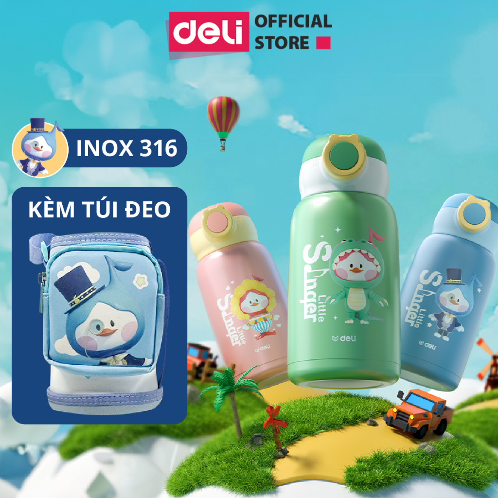 Bình giữ nhiệt Deli 630ml kèm ống hút dây đeo quai xách thép 316 chống gỉ an toàn cho sức khỏe giữ nhiệt tới 12h