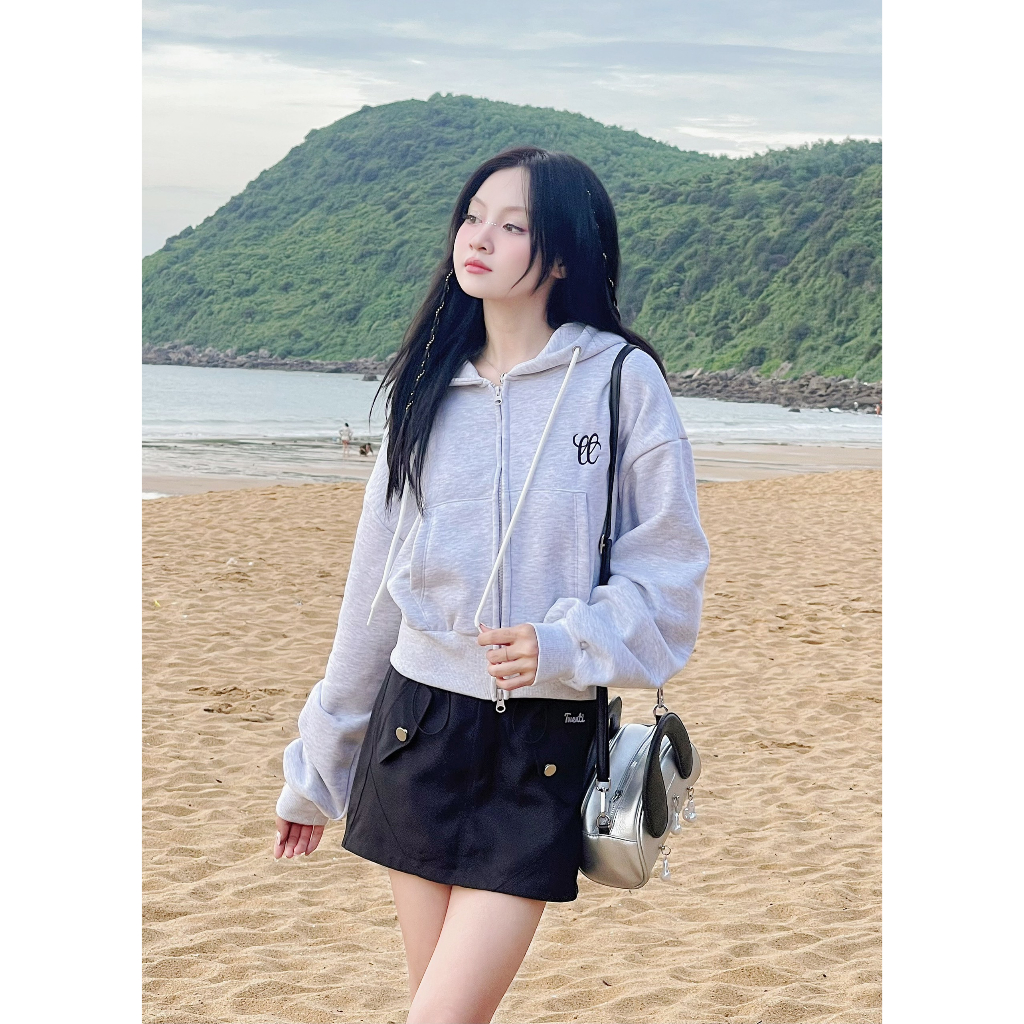 Áo Khoác Zip Croptop TWENTI Cánh Dơi Nỉ Bông Tôn Eo