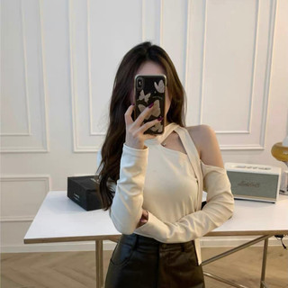 Áo kiểu thun nữ lệch vai dây nơ dài tay thun tăm phong cách Hàn Quốc, mềm mại co giãn đi làm, dự tiệc - Có ảnh thật