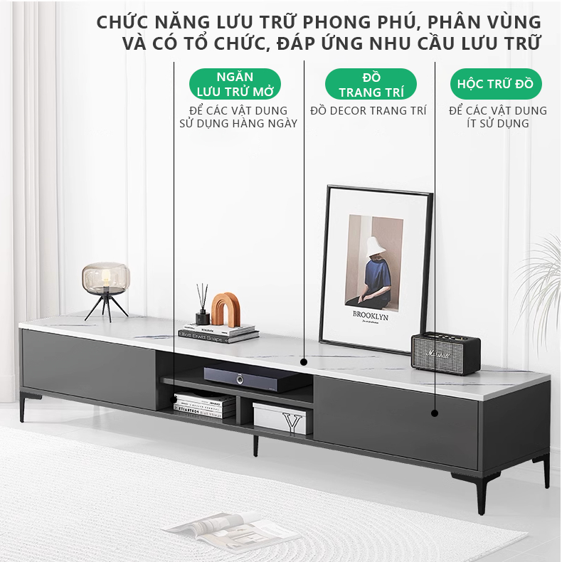 Kệ tivi đen mặt gỗ MDF màu vân đá phủ Melamine phòng khách, Tủ Tivi để sàn đa năng - GP297