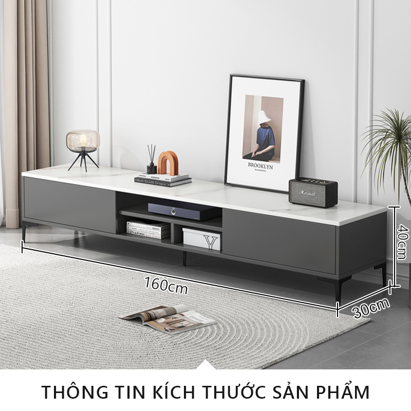 Kệ tivi đen mặt gỗ MDF màu vân đá phủ Melamine phòng khách, Tủ Tivi để sàn đa năng - GP297