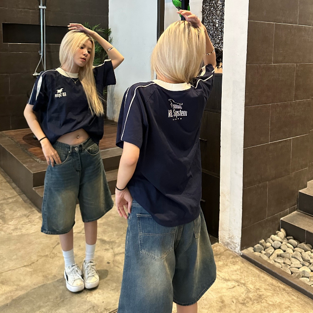Áo thun Killsystem form fit Highline màu xanh đen viền kem nam nữ chất vải cotton