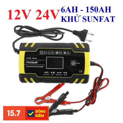 Sạc bình ắc quy 12V 100AH FOXSUR tự ngắt khi đầy chức năng bảo dưỡng phục hồi ắc quy bằng khử sunfas chống ngược cực