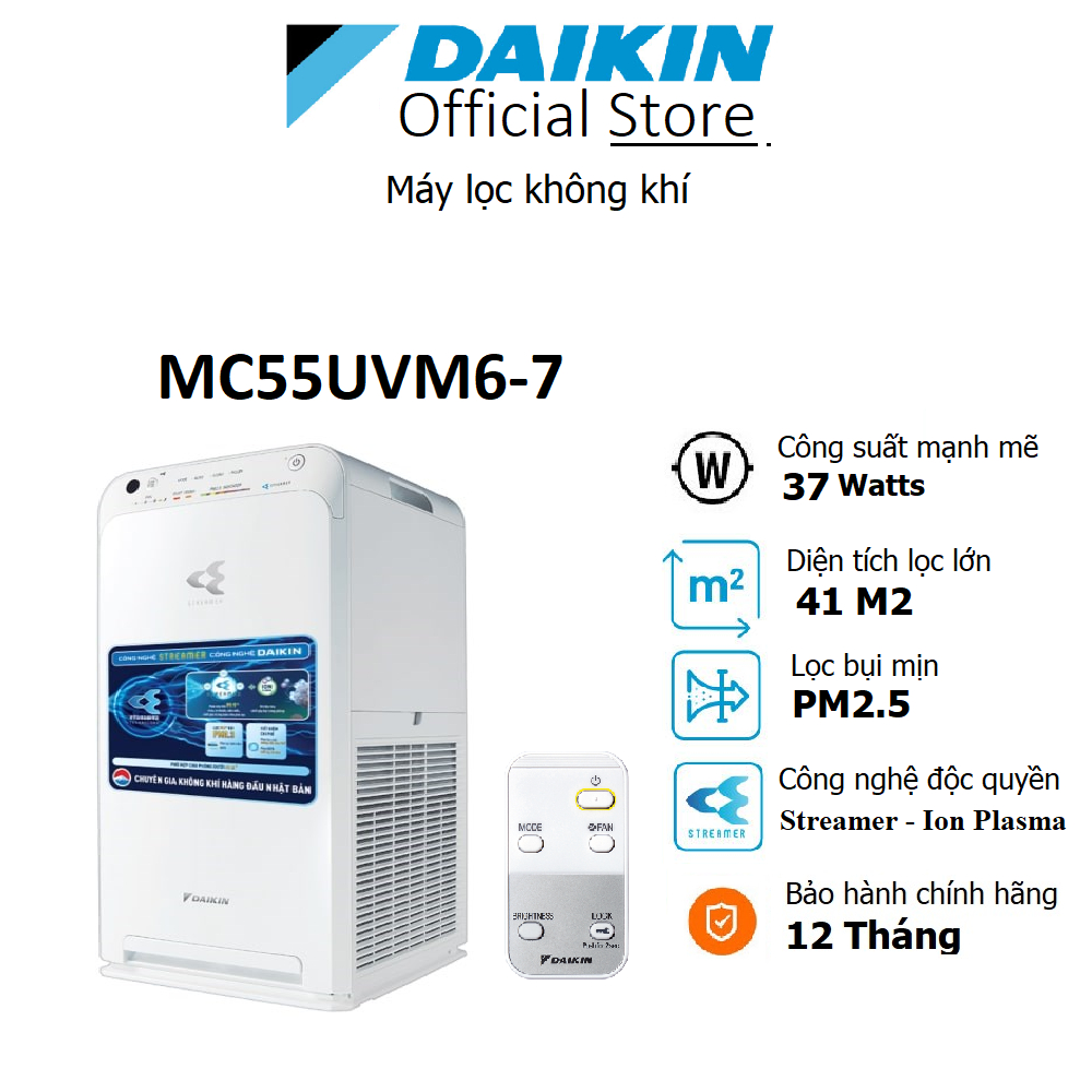 Máy Lọc không khí Daikin MC55UVM6-7 / MC55UVM6 Diện tích lọc 41m2, Công nghệ Streamer, ION PLASMA